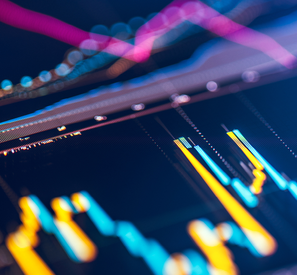 Close-up financial trading chart on digital LCD display.