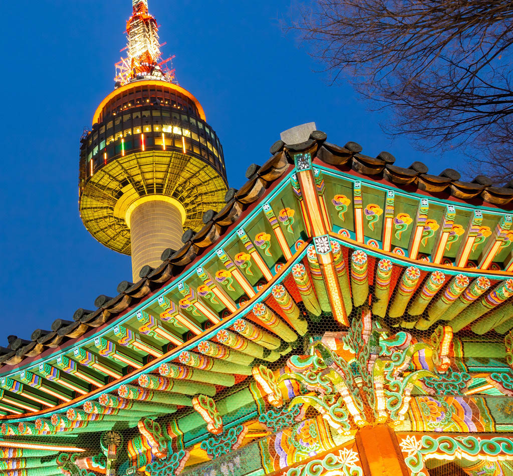 Korean temple in front of N Seoul Tower at Namsan Mountain Park.