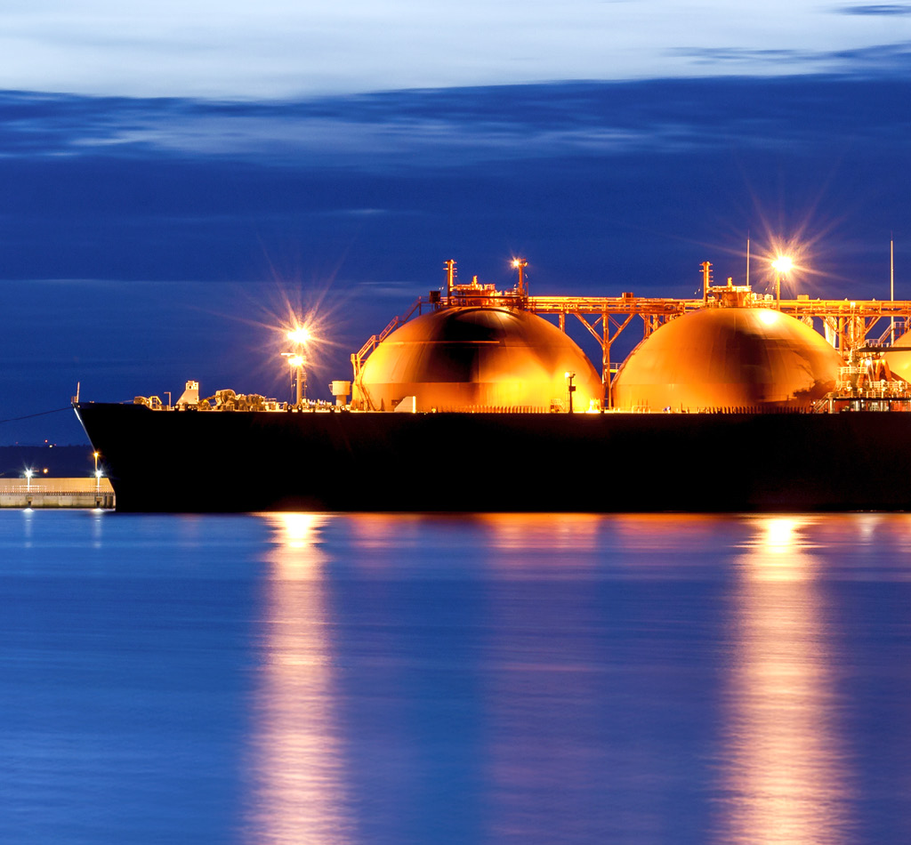 An LNG tanker at a gas terminal.